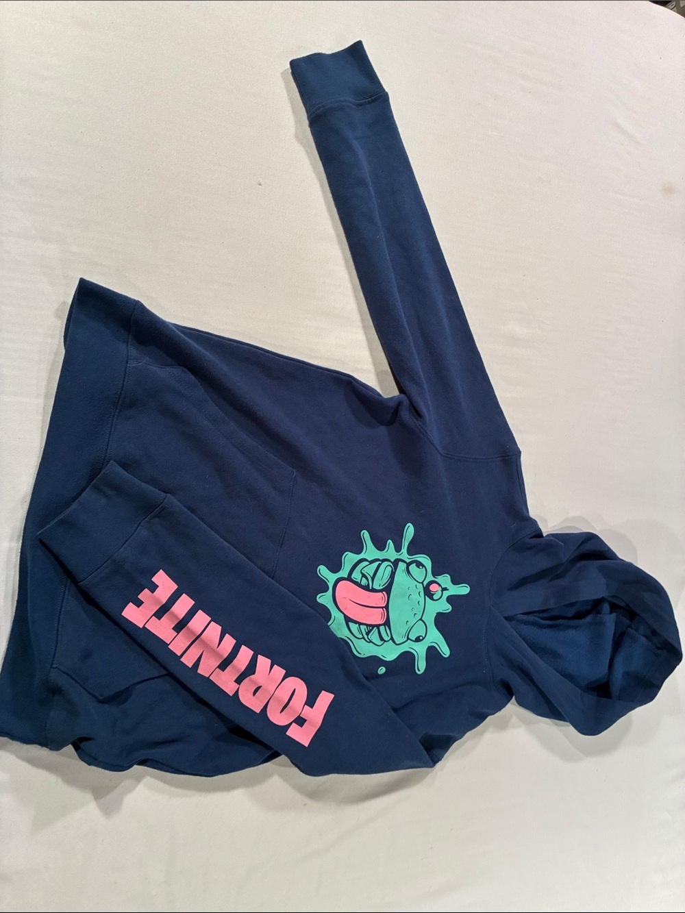 Kids Fortnite Navy Hoodie with Mint-Green Graphic and Pink Logo